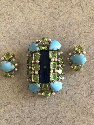 Vintage Signed Schreiner Green Rhinestone Blue Glass Large Brooch Earrings Set