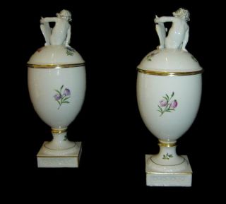 Vintage RARE Royal Copenhagen Pair Saxon Flora Flower Cherubs Covered Urn Vases 4