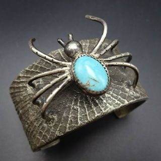 Spooky Vintage Navajo Tufa Cast Sterling Silver Turquoise Spider Cuff Bracelet