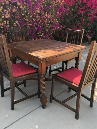 Antique English Oak Barley Twist Draw Leaf Dining Table With Four Matching Chair