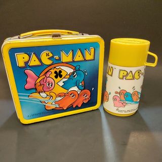 Vintage 1980’s Pac - Man Arcade Game Metal Lunch Box,  Thermos Complete