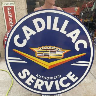 Large Vintage Design  Cadillac Service  48 Inch Porcelain Sign Double Sided