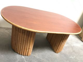 Vintage Mid Century Paul Frankl Style Oval Bamboo Rattan Mahogany Coffee Table