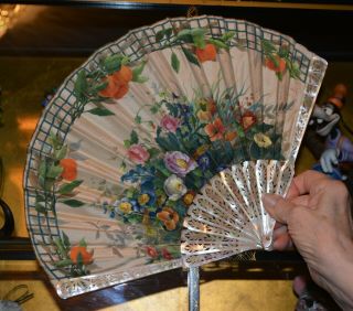 Antique French Hand Fan Flowers Mother Of Pearl Made In Paris J Duvelleroy
