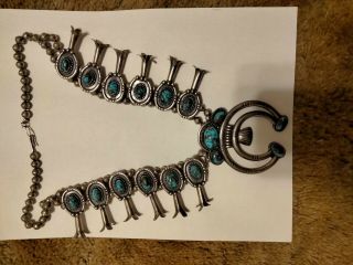 Vintage Navajo Sterling Silver Squash Blossom Necklace With Turquoise And Coral