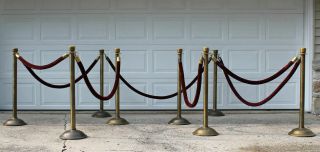 Set Of 8 Vintage Brass Movie Theatre Stanchions & Velvet Ropes Lawrence 310 Usa