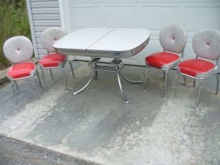 Vintage 1950s Red & Gray Cracked Ice Formica Chrome Dinette Set & 4 Vinyl Chairs