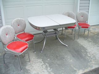 Vintage 1950s Red & Gray Cracked Ice Formica Chrome Dinette Set & 4 Vinyl Chairs 2