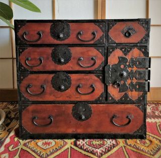Antique Japanese Furniture Interior Cabinet 1800s Tansu Craft Brown H.  20inch