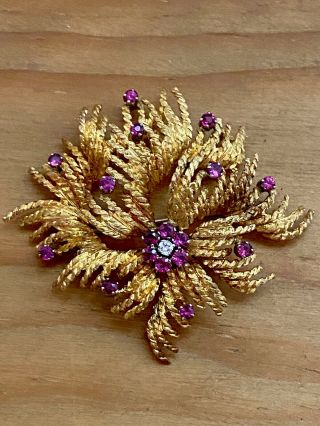 Vintage 18k (750) Italian Gold And Ruby Floral Brooch Pin 18.  1 Grams Not Scrap.