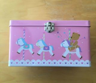 Vintage Sanrio Carousel Tweedle Dee Dee Bear Metal Tin Box 1991 Pink