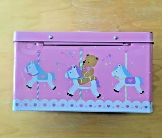 Vintage Sanrio Carousel Tweedle Dee Dee Bear Metal Tin Box 1991 Pink 2