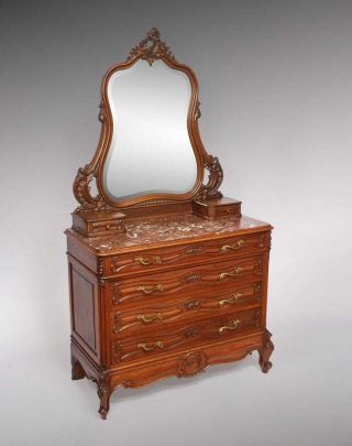 19th C.  French Louis Xv Style Walnut Marble Top Dresser And Mirror
