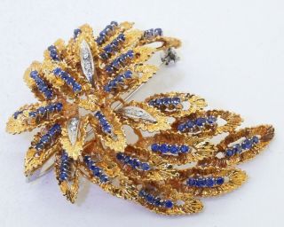 Vintage Italian heavy 18K gold 2.  12CTW diamond/sapphire cluster flower brooch 2