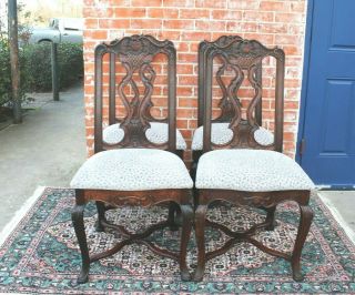 1/2 Payment 4 French Antique Louis Xv Carved Oak Dining Chairs / Upholstery