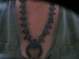 Vintage Native American Squash Blossom Necklace,  Silver And Turquoise.  26 Inches