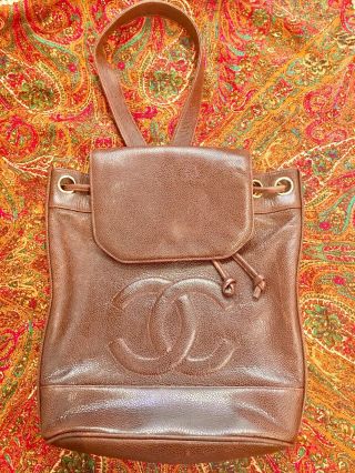 Vintage Chanel Small Sling Backpack Brown Caviar Skin Quilted Cc Gold Hardware