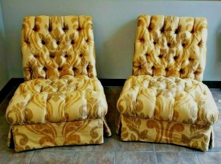 Rare Pair Dorothy Draper Style Silk Hollywood Regency Rolled Back Slipper Chairs