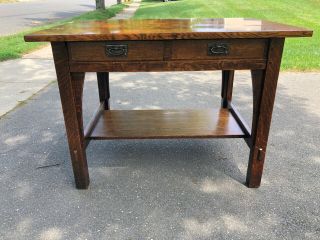 Antique Gustav Stickley 2 Drawer Mission Oak Library Table - Red Decal