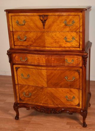1910s Antique French Satinwood Highboy Dresser / Chest Of Drawers