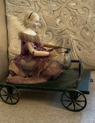 Very Rare Antique Alice Parian China Doll As Mechanical Pull Toy Circa 1860