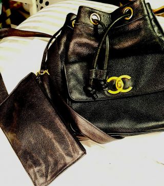 Chanel Cc Chain Backpack Bag Black Caviar Skin Leather (no Gold Balls)