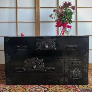 Antique Japanese Furniture Wood Isho Dansu Shonai Tansu Black Lacquered L.  34inch