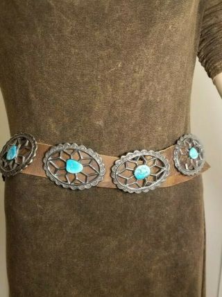 Vintage Natural Sleeping Beauty Turquoise Sterling Silver Leather Concho Belt