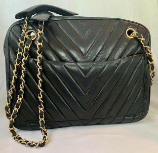 Chanel Authentic Black V - Quilted Lambskin Leather Tote Shoulder Bag Vintage