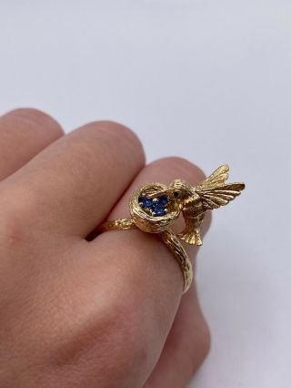 Vintage 1988 14k Gold Teufel Motion Hummingbird Ring With Natural Sapphires