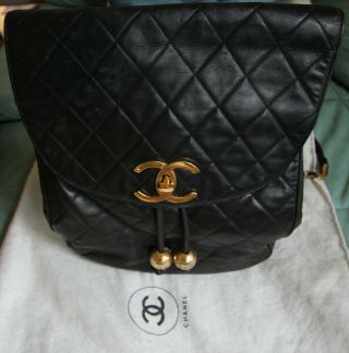 Chanel Quilted Cc Logos Chain Backpack Bag Black Leather Vintage