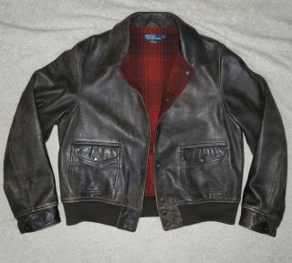 Polo Ralph Lauren Vintage Leather Plaid Wool Lining Bomber Jacket Coat Rrl L