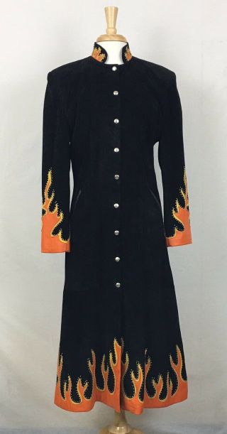 Tribe America Vintage Leather Coat Duster Sz 10 Women Trench Black Long Flames