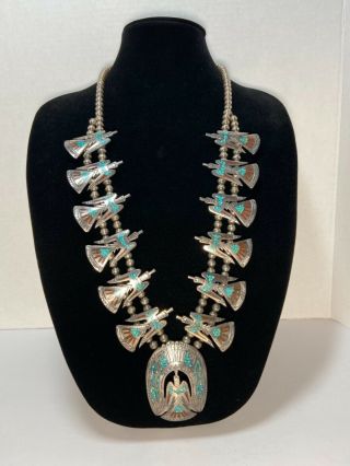 Vtg Navajo Sterling Silver Peyote Bird Squash Blossom Necklace Turquoise Coral