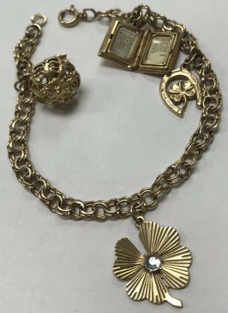 VINTAGE 1960 ' S 14K Yellow Gold 7 1/4” Charm Bracelet with Four (4) Charms LOOK 2