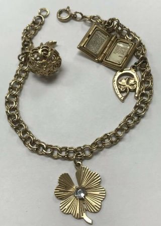 VINTAGE 1960 ' S 14K Yellow Gold 7 1/4” Charm Bracelet with Four (4) Charms LOOK 4