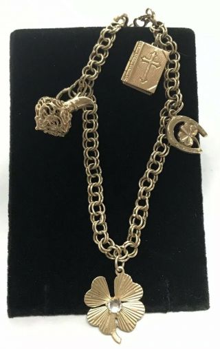 VINTAGE 1960 ' S 14K Yellow Gold 7 1/4” Charm Bracelet with Four (4) Charms LOOK 6