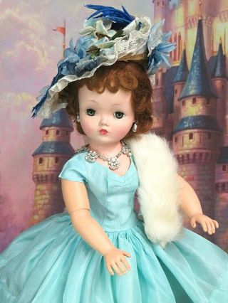 Vintage 1950 Madame Alexander Cissy Doll Tagged Dress Blue Taffeta Hat Fur Stole