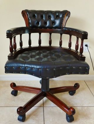 Antique/vtg Solid Mahogany Black Tufted Leather Executive Swivel Tilt Desk Chair