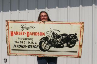 Large Vintage Harley Davidson Motorcycle 74 Ci O.  H.  V.  Hydra - Glide 48 " Metal Sign