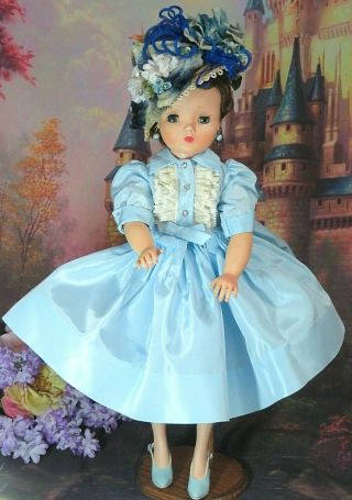 Vintage 1950s Madame Alexander Cissy Doll Brunette Blue Taffeta Dress Shoes Hat