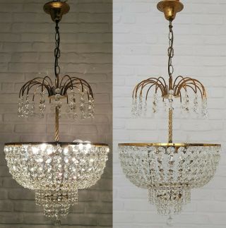 Matching Antique Vintage Brass & Crystals Large Chandeliers Ceiling Lamp