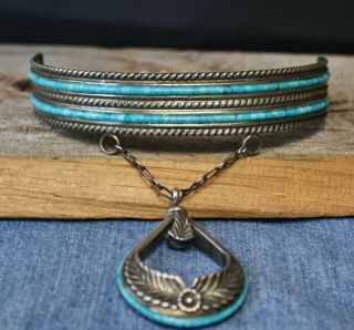 Vintage Native American Navajo Sterling Silver Choker Collar Turquoise Necklace