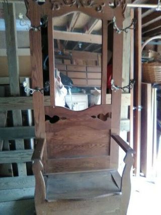 Antique Hall Seat Coat Tree Stand With Mirror Storage Bench Oak Rare