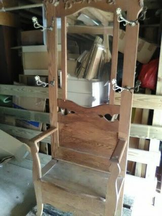 Antique Hall Seat Coat tree Stand with Mirror Storage Bench Oak RARE 2