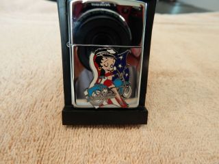 Betty Boop Zippo Lighter Blue Motorcycle With American Flag Emblem A 02