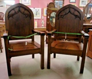 Oak High Back Large 2 Armed Chairs Throne Church Deacons Seat Finish