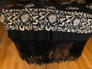 Antique Victorian Black With White Silk Piano Shawl Hand Knitted Embroidered Flo