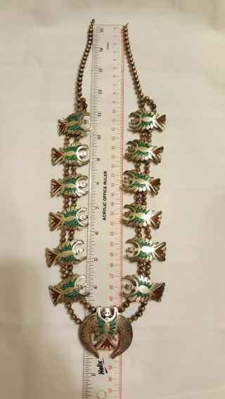 Native American Squash Blossom Silver Necklace Turquoise Eagle Thunderbird Vtg 2
