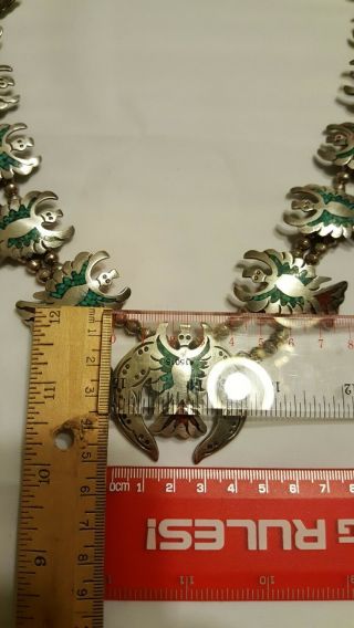 Native American Squash Blossom Silver Necklace Turquoise Eagle Thunderbird Vtg 5